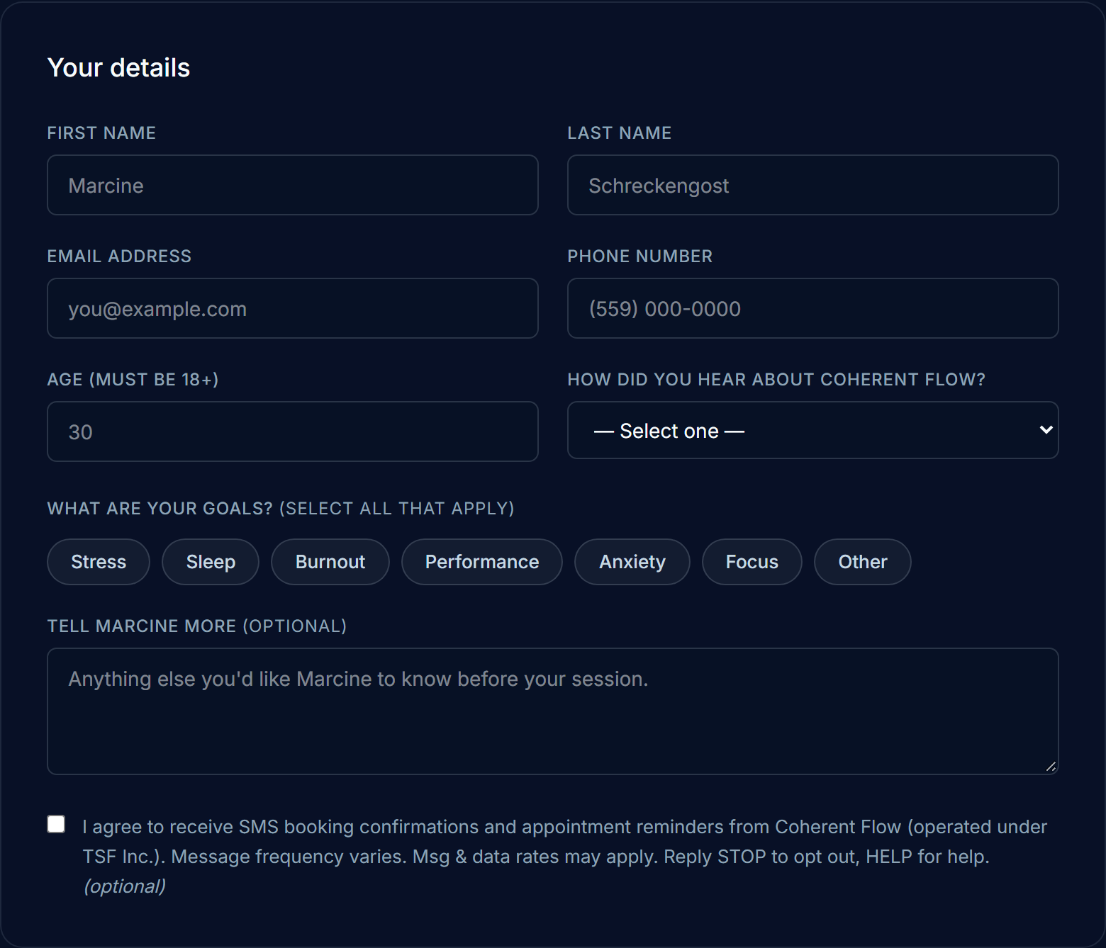 Screenshot of the Coherent Flow booking form showing the optional, unchecked SMS consent checkbox below the form fields